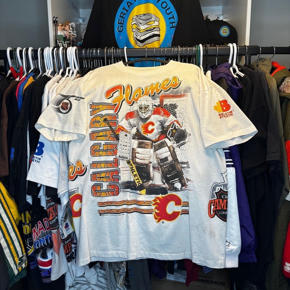 1991 Calgary Flames Mike Vernon Bulletin Athletic NHL AOP T Shirt Made Canada XL